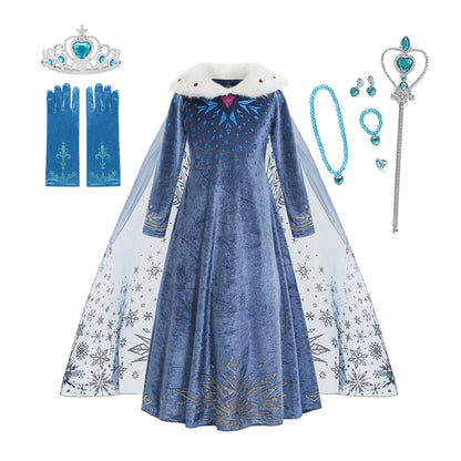Elsa Dress for Girl Princess Birthday Party Winter Costume Kids Cosplay Frozen Evening Long Sleeve Clothes Snow Queen