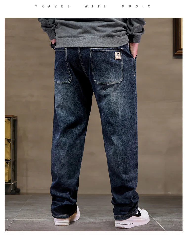 Extra Big Size Jeans Men High Elastic Waist Baggy Denim Pant Male Plus Large Loose Slim Fit Cowboy Trouser 8XL 6XL Classic Black