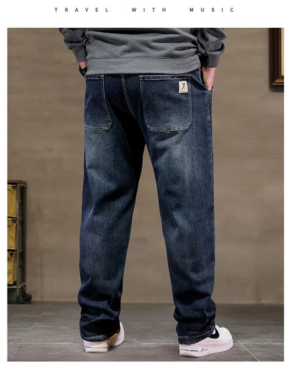 Extra Big Size Jeans Men High Elastic Waist Baggy Denim Pant Male Plus Large Loose Slim Fit Cowboy Trouser 8XL 6XL Classic Black
