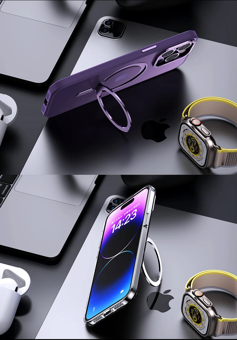 360° Rotating Stand Magnetic Case For iPhone 17 16 15 14 13 12 11 Pro Max Plus 17Air 16e Premium Metal Button Folding Bracket
