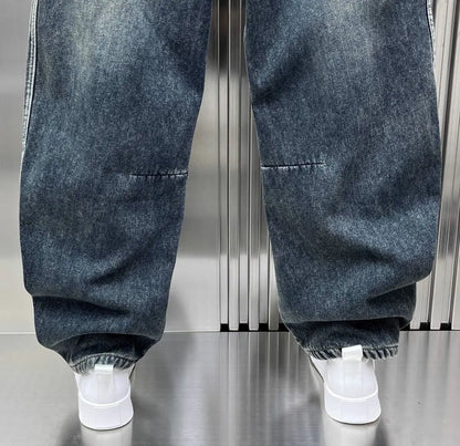 Spring Autumn 2025 New Splicing Cutting Elastic Waist Large Size Boys Washed Loose Wide Leg Big Pocket Scimitar Drawstring Jeans