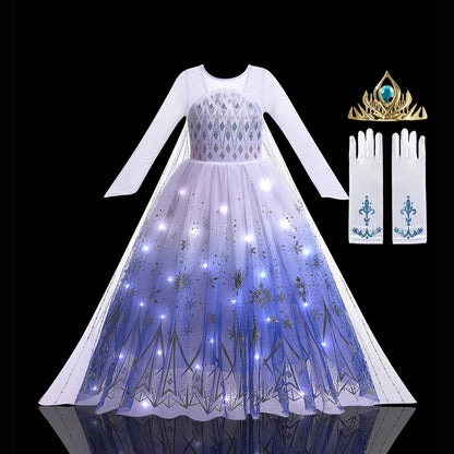 2PCS LED Light Up Snow Queen Costume for Kids Girl Elsa Birthday Party Luxury Princess Cosplay Children Carnival Clothing Outfit