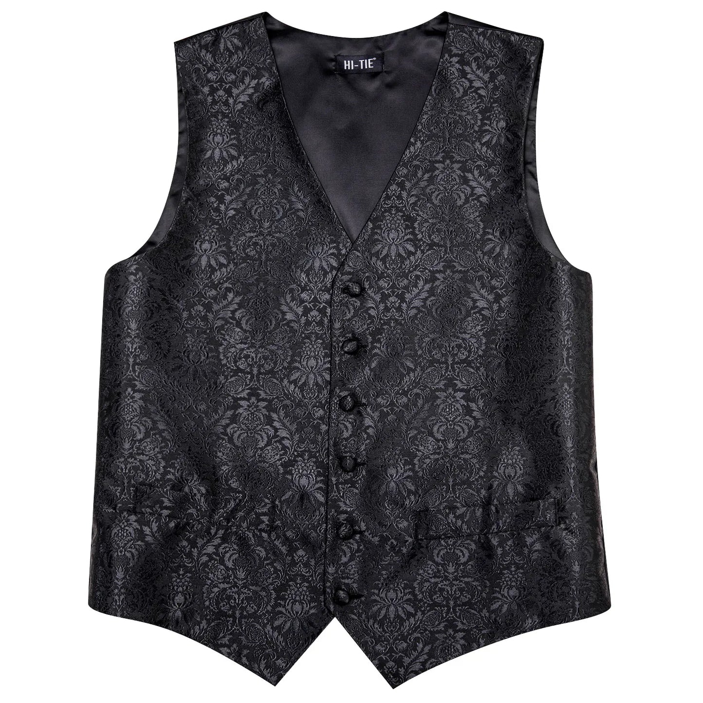 4PC Black Silk Mens Suit Vests Woven Floral Waistcoat Tie Pocket Square Cufflink Business Wedding Dress Waist Jacket