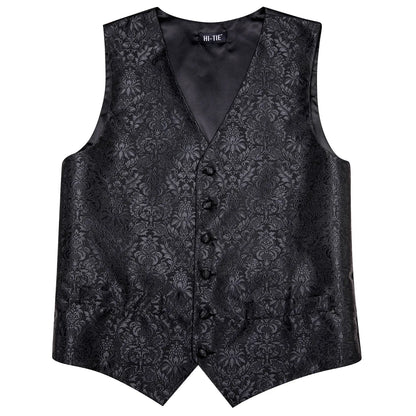 4PC Black Silk Mens Suit Vests Woven Floral Waistcoat Tie Pocket Square Cufflink Business Wedding Dress Waist Jacket