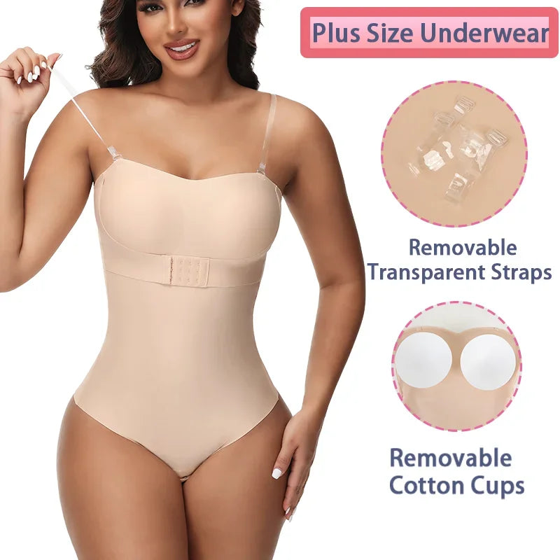 Women Sexy Removable Strap Body Shaper S-4XL Padded Bra Front Closure Hipster Bodysuit Tummy Control Shapewear Thong