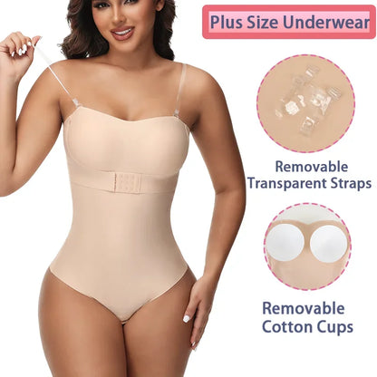 Women Sexy Removable Strap Body Shaper S-4XL Padded Bra Front Closure Hipster Bodysuit Tummy Control Shapewear Thong
