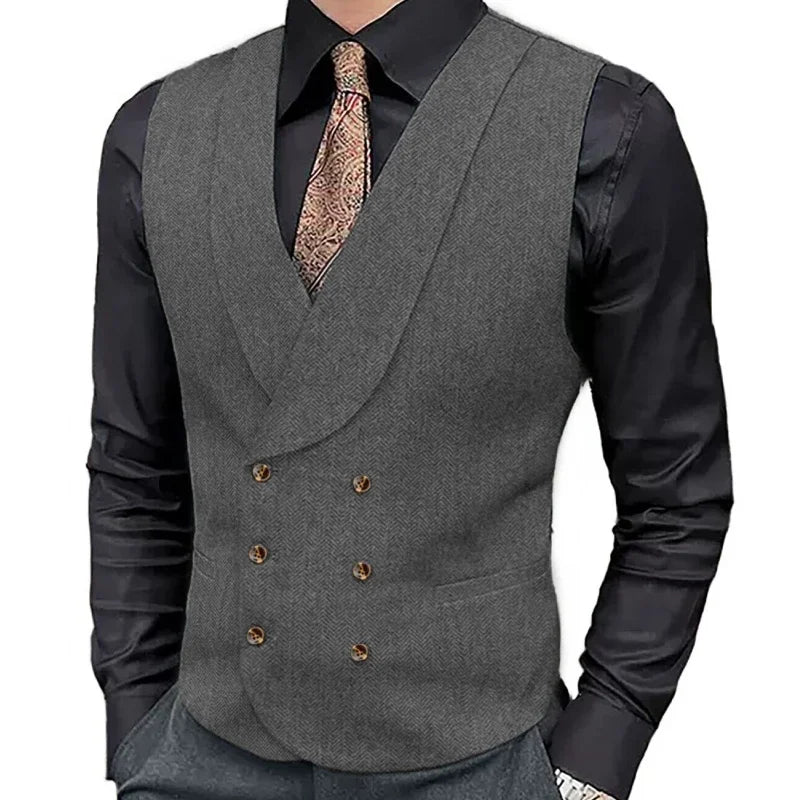 Men Vest Brown Herringbone Double Button With Lapel Waistcoat For Wedding Business Formal Banquet Work Daily Men Suit Vest