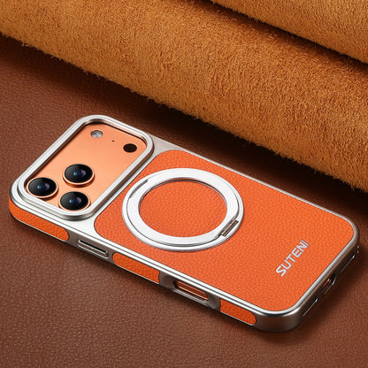 Faux Leather Magnet Wireless Charging Phone Case 360° Rotating Stand Ring Buckle Frosted Feel For iPhone 17 Pro Max 16 15
