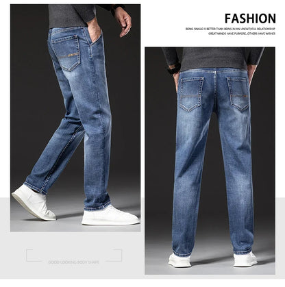 New Spring Summer Plus Size 40 42 44 Men Straight Loose Jeans Business Fashion Denim Stretch Pants Male Brand Trousers