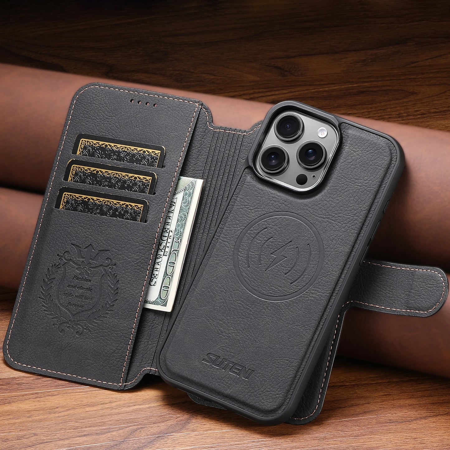 Faux Leather Wireless Charging Card Holder Stand Wallet Magnetic Flip Cover Phone Case For iPhone 17 Pro Max 16 Plus 15 14 13