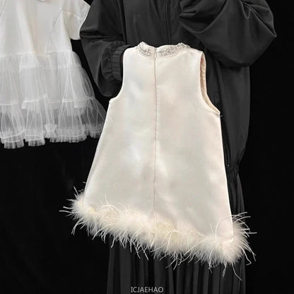 Girls Satin Feather Princess White Dress Clothes Baby Kids Birthday Party Gown Kids Formal Outfit Children Summer Costumes