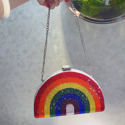 Rainbow Color Crystal Evening Clutch Bags Wedding Party Chain Bag Women Boutique Half Moon Rhinestone Purses And Handbags