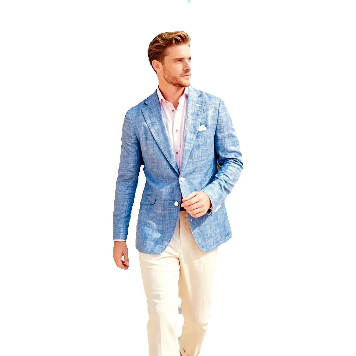 Blue Linen Men Suit Jackets Casual Notch Lapel Two Buttons Tops Summer Beach Slim Fit Suits Blazer Party Prom Wedding Suits Coat