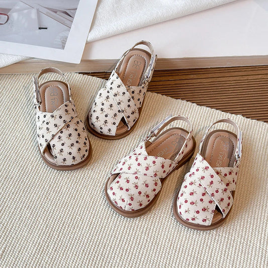 Girls Princess Floral Sandals New Summer Cross Strap Children Beach Shoes Non-Slip Breathable Kids Flat Sandals School Perform