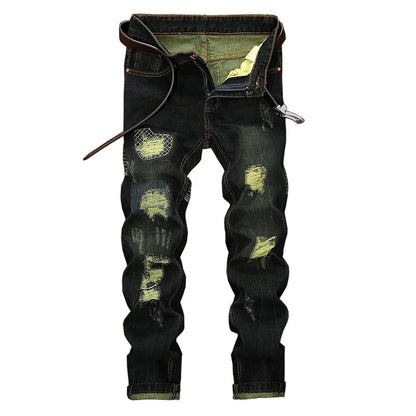 2026 New Men's Yellow Jeans, Blue Stretch Biker Trousers, Broken Hole Jeans, Fashion Popular Men Denim Pants Big Size 29-42