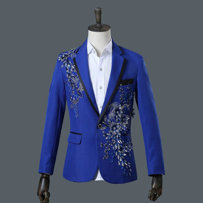 Host Singer Stage Nightclub Bar Performance Dress Set,Three-dimensional Double-sided Flower and Diamond Inlaid Men Suits 2-piece