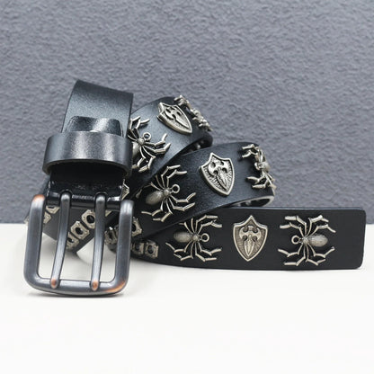 Rock Genuine Leather Luxury Punk Belt Jeans Heavy duty Hollow manual  Designer Brand Belt Men Rivet Three-pin buckle Belt Male
