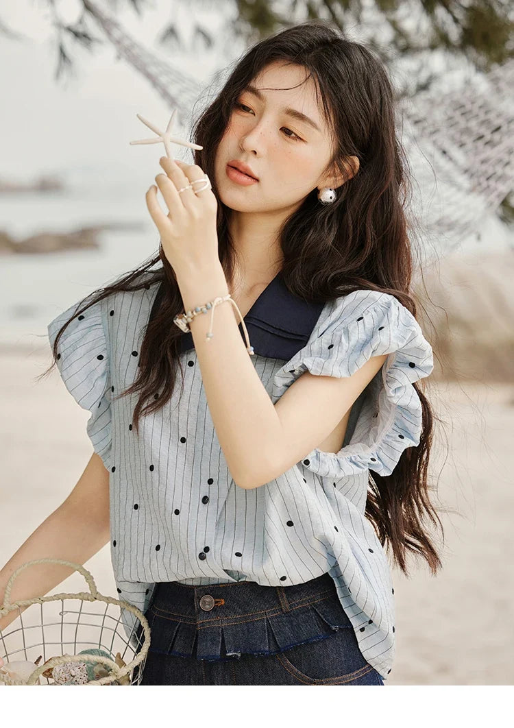 Summer Office Lady Blouses Women 2025 Short Sleeve Turn-down Collar Polka Dot Shirts Female Fashion Slim Tops MXE31C0776