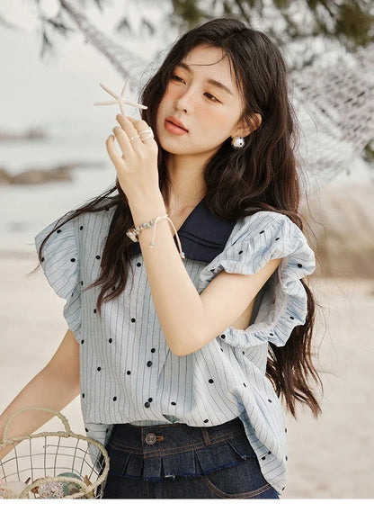 Summer Office Lady Blouses Women 2025 Short Sleeve Turn-down Collar Polka Dot Shirts Female Fashion Slim Tops MXE31C0776