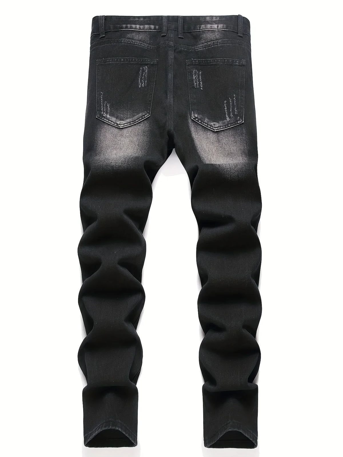 Men’s trendy streetwear: black ripped straight-leg jeans – an excellent gift for husbands or boyfriends.