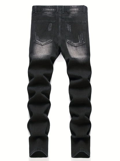 Men’s trendy streetwear: black ripped straight-leg jeans – an excellent gift for husbands or boyfriends.