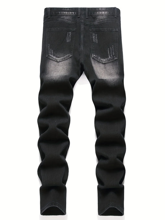 Men’s trendy streetwear: black ripped straight-leg jeans – an excellent gift for husbands or boyfriends.