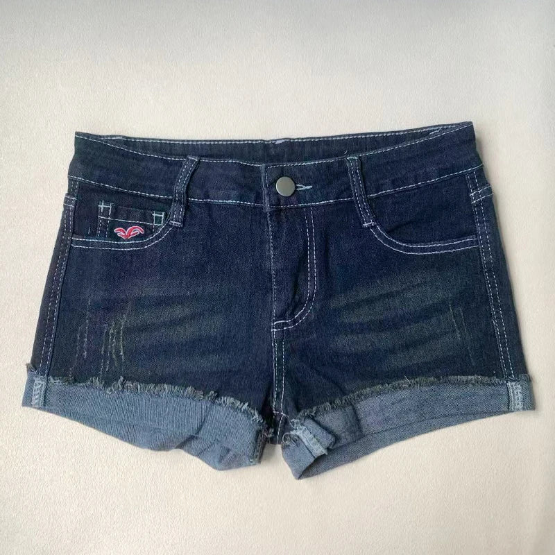 Summer Korean Sexy Low Waist Women Denim Shorts American Lady Y2K Elastic Slim Fit Hot Pants Female Embroidery Wrapping Jeans