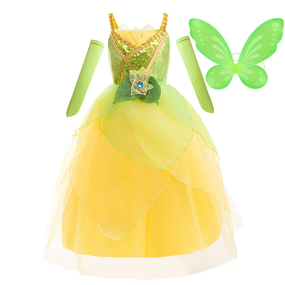 2026 Fairy Tale Fancy Princess and Frog Costume Play Tiana Ball Gown with Gloves Deluxe Suspender Dress 2 4 5 7 8Y Girl Carnival