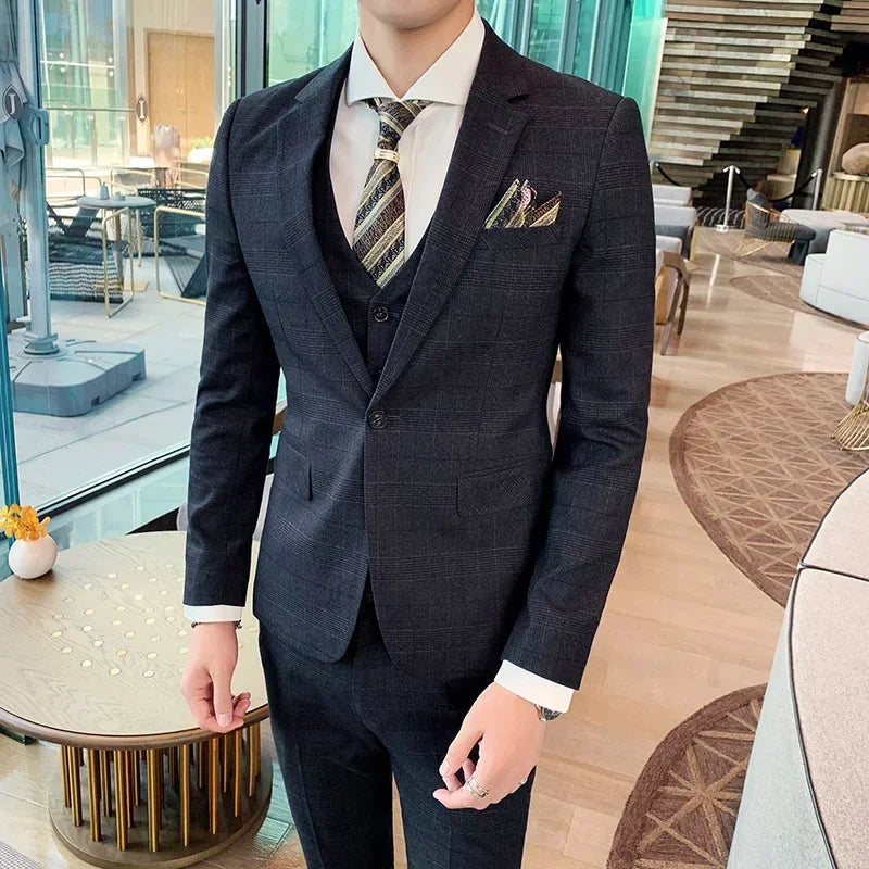 Blue Men Classic Striped/Checked Suits, Asian Size Slim Fit Business Office 3-Piece Sets, Black/Gray and Red Available.