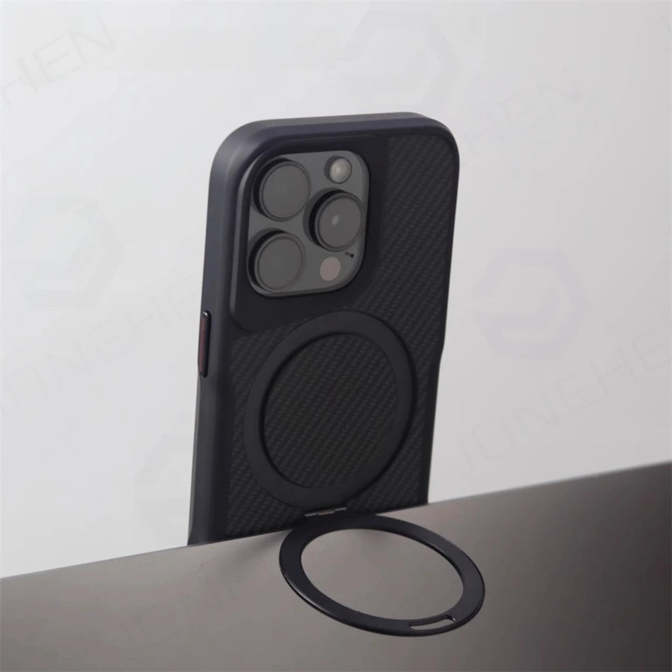 Luxury For Magsafe Shockproof Frame Armor Case For iPhone 13 15 12 14 16 17 Pro Max Metal Bracket Carbon Fiber Pattern Cover