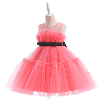 Elegant Ruffles Wedding Party Baby Girls Dress Tulle Pink Bow Bridemaid Princess Birthday Kids Dresses For Girl Evening Costumes