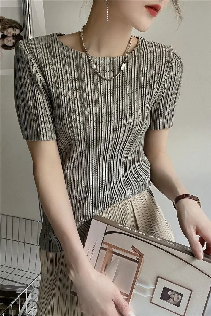 Miyake Pleated Short Sleeve Women's 2023 Summer New Thin Stretch Crew Neck All-Matching Slim Fit Pleated Hollow T-shirt Women