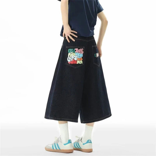 Summer Graffiti Letter Printed Baggy Denim Shorts For Men Hip Hop Fashion Straight-leg Jorts Y2K Vintage Streetwear Short Jean