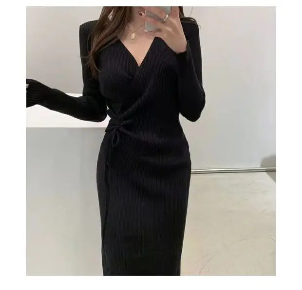 Chic V-ne Knitted Wrap Waist Slimming Mid-length A-line Dr Women's Sweater Dr Korean Sle High Waist Long Sve