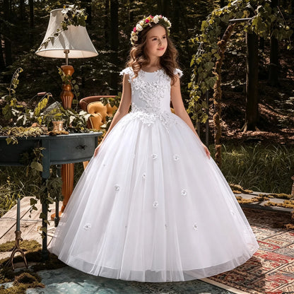Formal Tulle Flower Bridesmaid Girls Dress Vestido White Wedding Princess Prom Kids Party Dresses For Girls Bow Birthday Costume