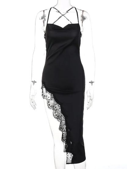 Sexy Lace Party Club Backless Bodycon Stain Black Straps Midi Dress 2022 Summer Clothes Wholesale Items For Resale