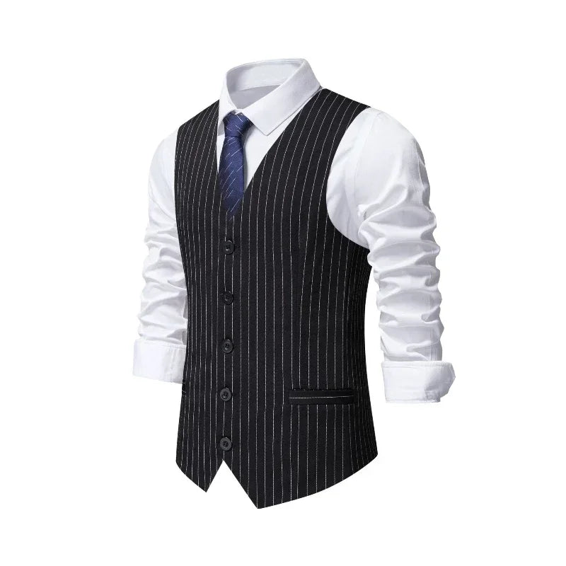 2026 New Red Striped Suit Vest For Men,Fashion Business Formal Wear Casual Khaki/Black Stripes Waistcoats