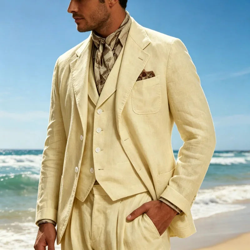 Italian Style Men's Linen 3 Piece Set Notch Lapel 2 buttons Blazer+Vest+Pants Breathable Lightweight Summer Casual Business Suit