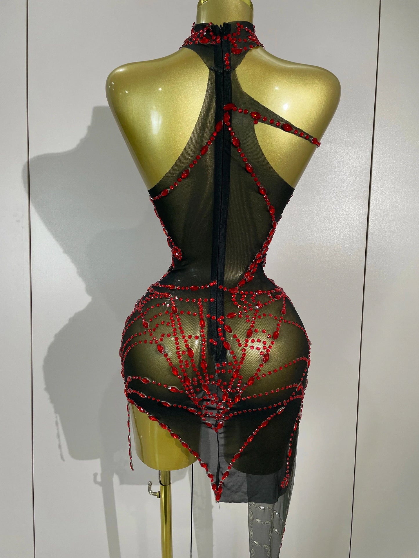 STOCK Sparkly Diamond Sexy Mesh Asymmetric Bodycon Mini Dress Women Nightclub Bar Party Show Gogo Dancer Clothing Stage Costume