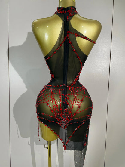 STOCK Sparkly Diamond Sexy Mesh Asymmetric Bodycon Mini Dress Women Nightclub Bar Party Show Gogo Dancer Clothing Stage Costume