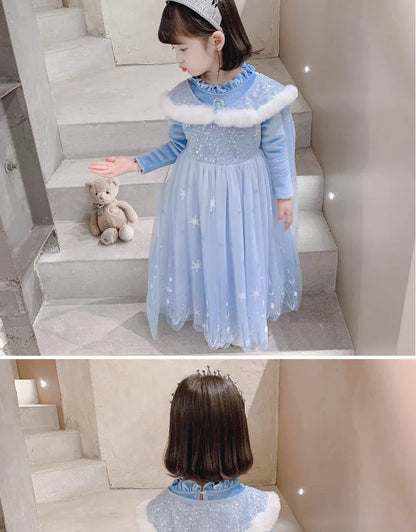 Girls' Spring 2026 New Velvet Elsa Frozen Princess Dress Kids Blue Cape 2 Piece Set Warm Dresses For Girl Party 3-9 Years Old ﻿