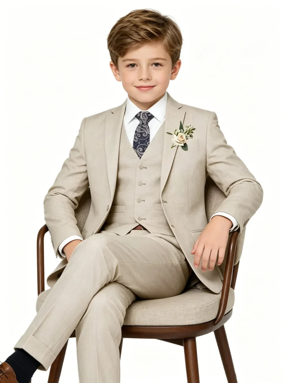 Boys Summer Linen Suit Set 4 Pieces Wedding Ring Bearer Outfit Notched Lapel Kids Slim Fit Tuxedo For Piano Perfromace 3-14T