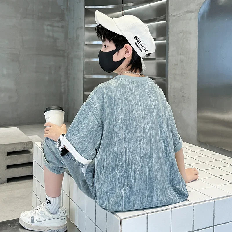 Cool Cowboy Outfit Costume Suit for Kids Child Summer Clothes Set Denim T-shirt and Ripped Shorts Clothes Set for Teens Boy 5-14