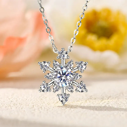 Round Cut Moissanite Snowflake Pendant Necklaces for Women Solid 925 Sterling Silver Chains Wedding Jewelry Gift Collar