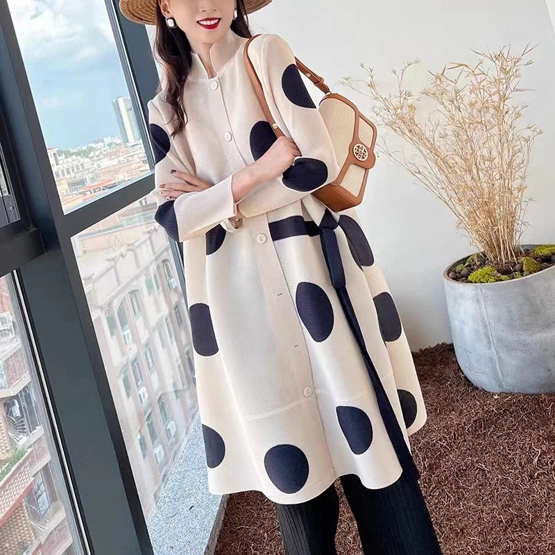Miyake Pleated Dot Printing Dress 2025 Autumn Single Breasted Plus Size Drawstring Elegant Streetwear Festival Women Clothing