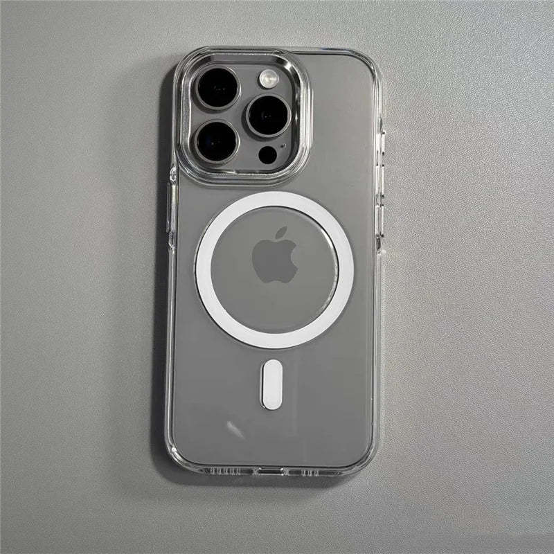 Transparent Wireless Charging for Magsafe Case for iPhone 16 15Pro 14 16Pro Max Alloy Lens Clear Shockproof Hard Armor Cover