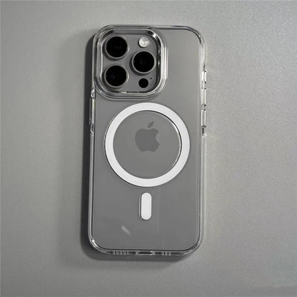 Transparent Wireless Charging for Magsafe Case for iPhone 16 15Pro 14 16Pro Max Alloy Lens Clear Shockproof Hard Armor Cover