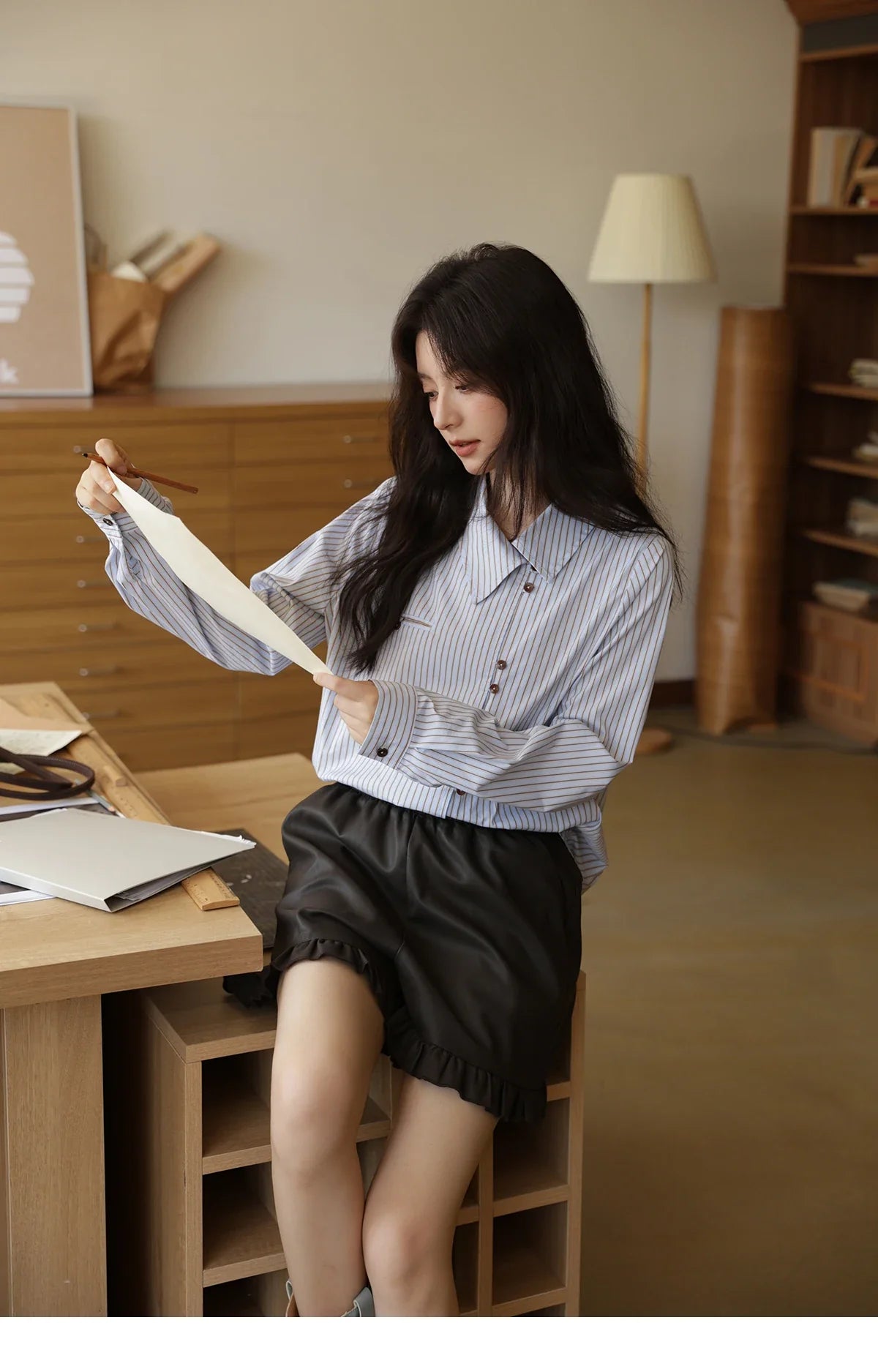 Women's Striped Asymmetric Shirt 2025 Autumn New Arrival Vintage Loose Long Sleeve Tops Commuter Woman Clothes MXE42C2375