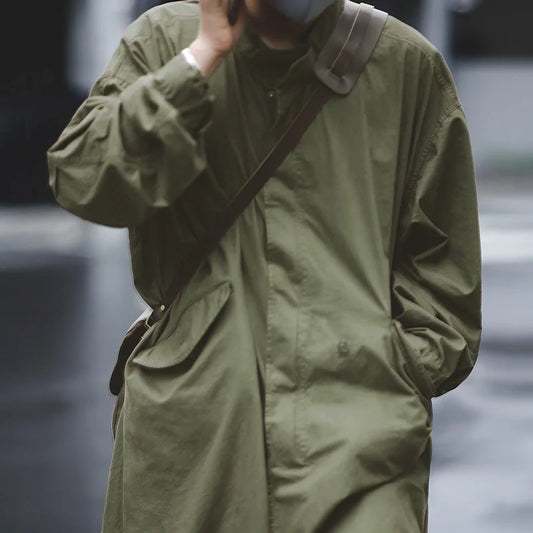 Men's Vintage M65 Fishtail Green And Camel Trench Coat Woven Waist Rope Mid-length Oversized Loose Coat for Men