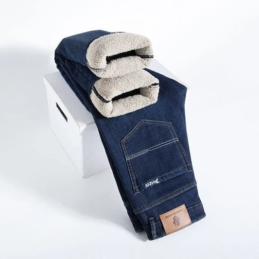 Winter Warm Fleece Jeans Men 2025 Straight Stretch Thick Casual Thermal Denim Pants Male Business Work Trousers New Men Clothing